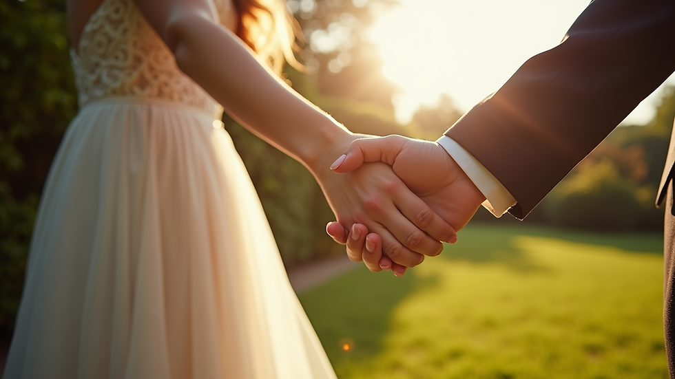 Eye-level view of a bride and groom holding hands in a sunlit garden