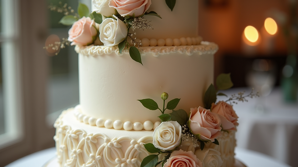 Close-up view of a beautifully decorated wedding cake