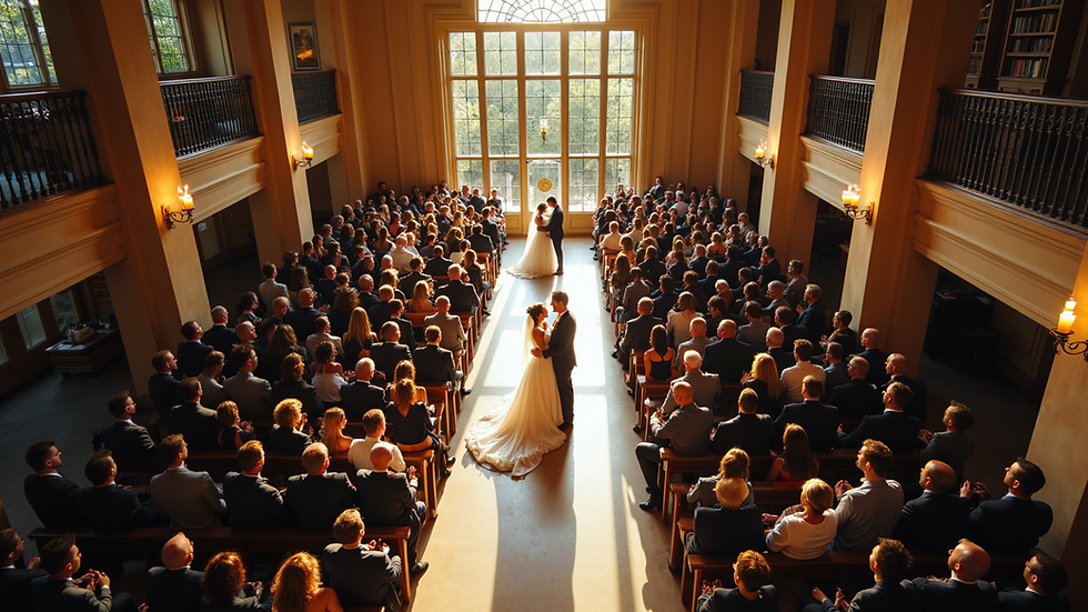 Aerial view of a wedding venue with guests in attendance