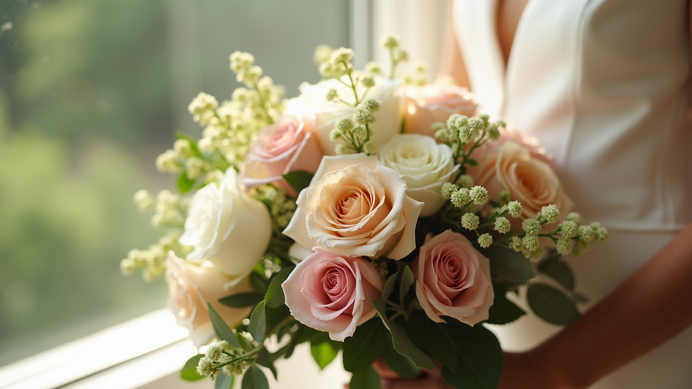 Close-up view of a wedding bouquet with soft natural light