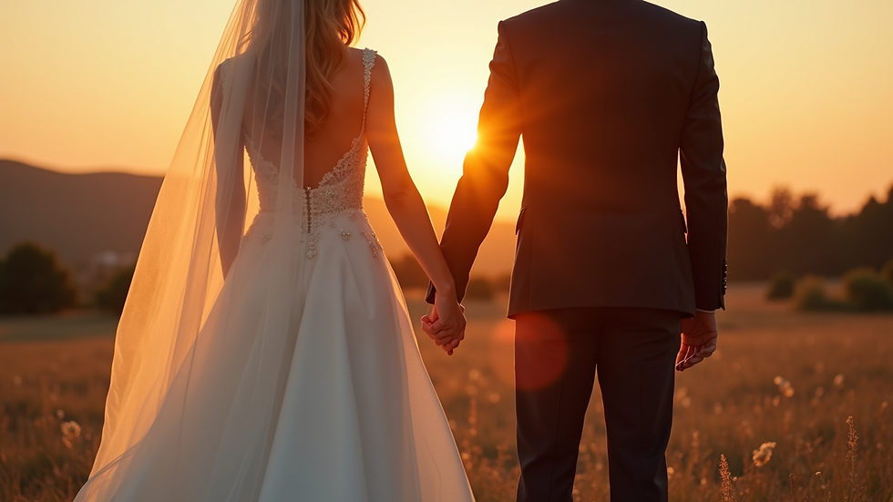 Eye-level view of a bride and groom holding hands during golden hour