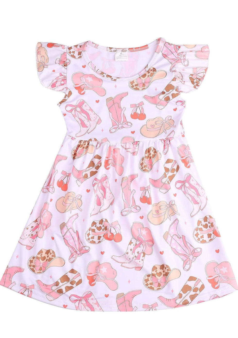 White child's dress with pink ballet slippers and brown cowboy boots.