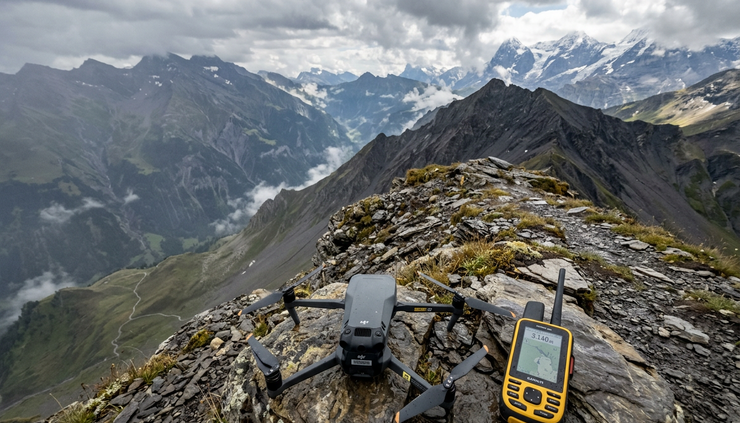 High-angle view of a drone and navigation receiver on an alpine ridge before flight