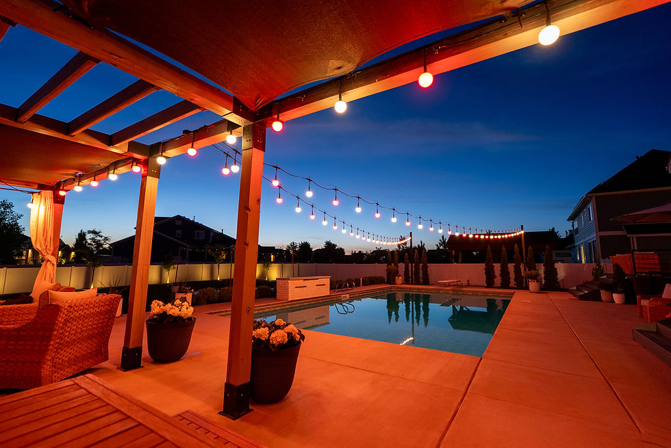 bistro lighting on a patio and across a pool