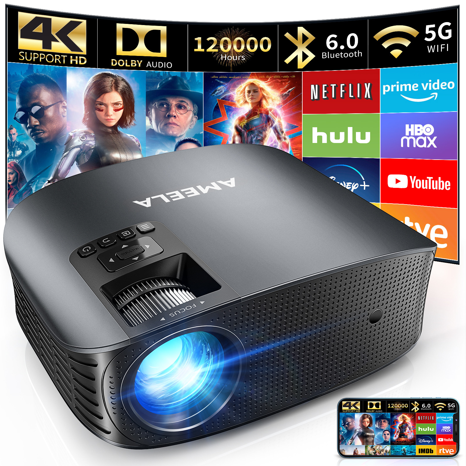 AMEELA Projector 4K With WiFi And Bluetooth Supported, FHD 1080P Mini Projector