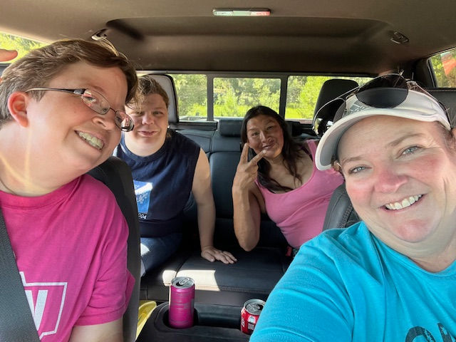 Jennifer, Rebecca, "Buffy" and Michelle on their way to the Girl's Camp 2025