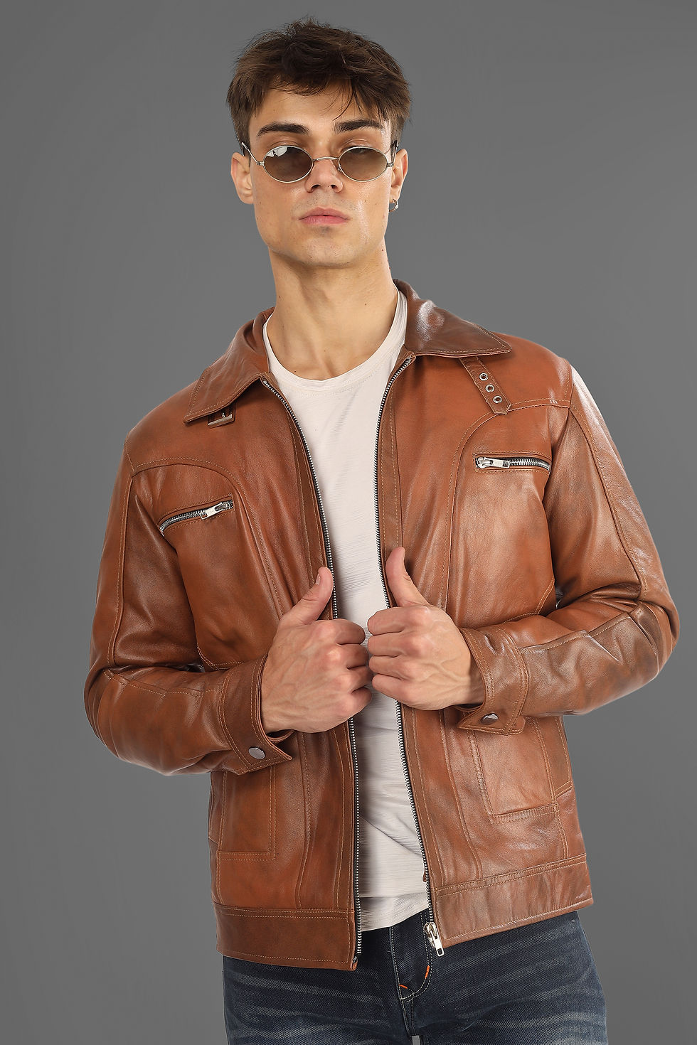 Thumbnail: Cleveland Brownish Bomber Leather Jacket