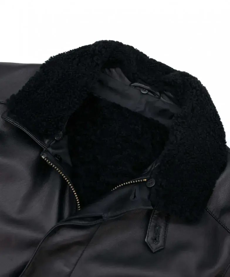 Thumbnail: Black Sheepskin Leather Coat Detachable fur