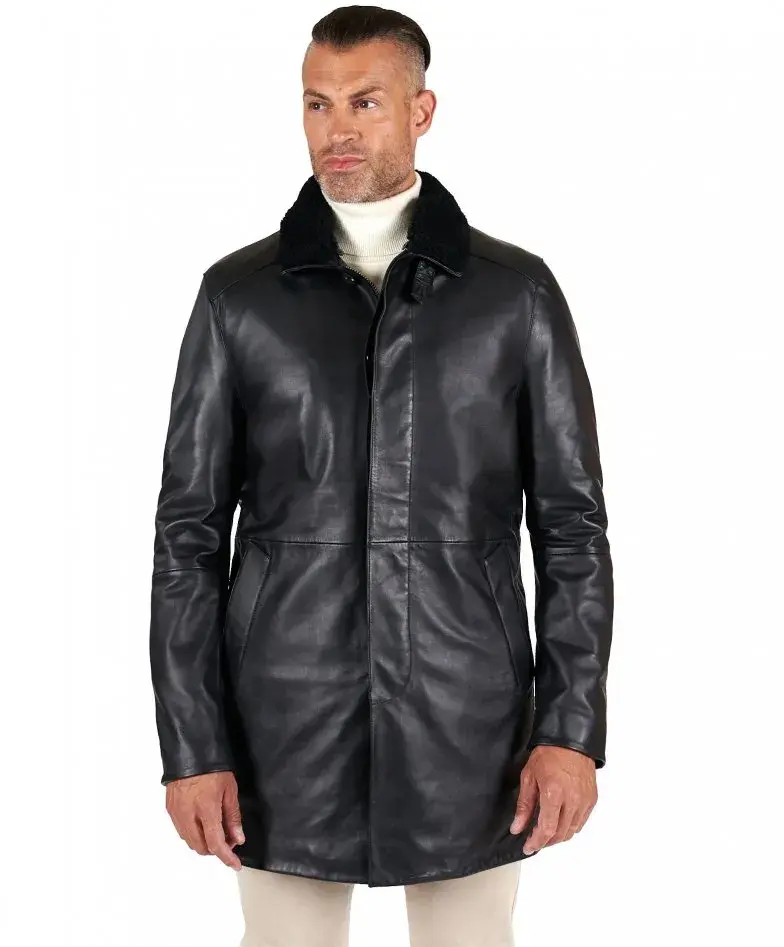 Thumbnail: Black Sheepskin Leather Coat Detachable fur