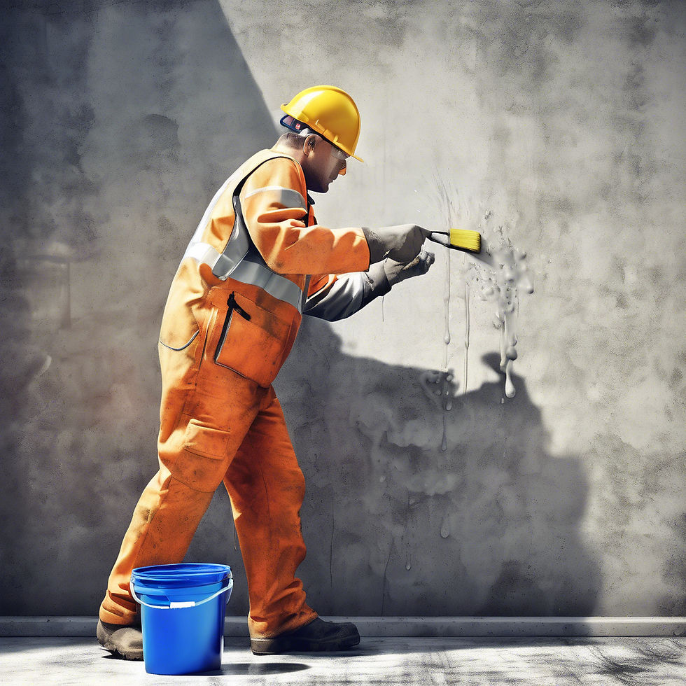 A realistic photograph of a construction worker applying waterproofing chemicals on a conc