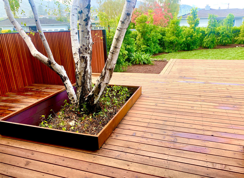 Redwood Deck, House remodel, home remodel, marin, marin home remodeling, construction, marin construction, decks, waterfront decks, steel plant box, custom art