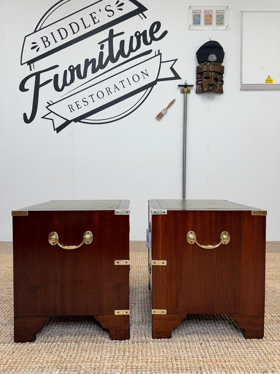 Thumbnail: Pair of Mahogany Campaign Style Bedside Chests 