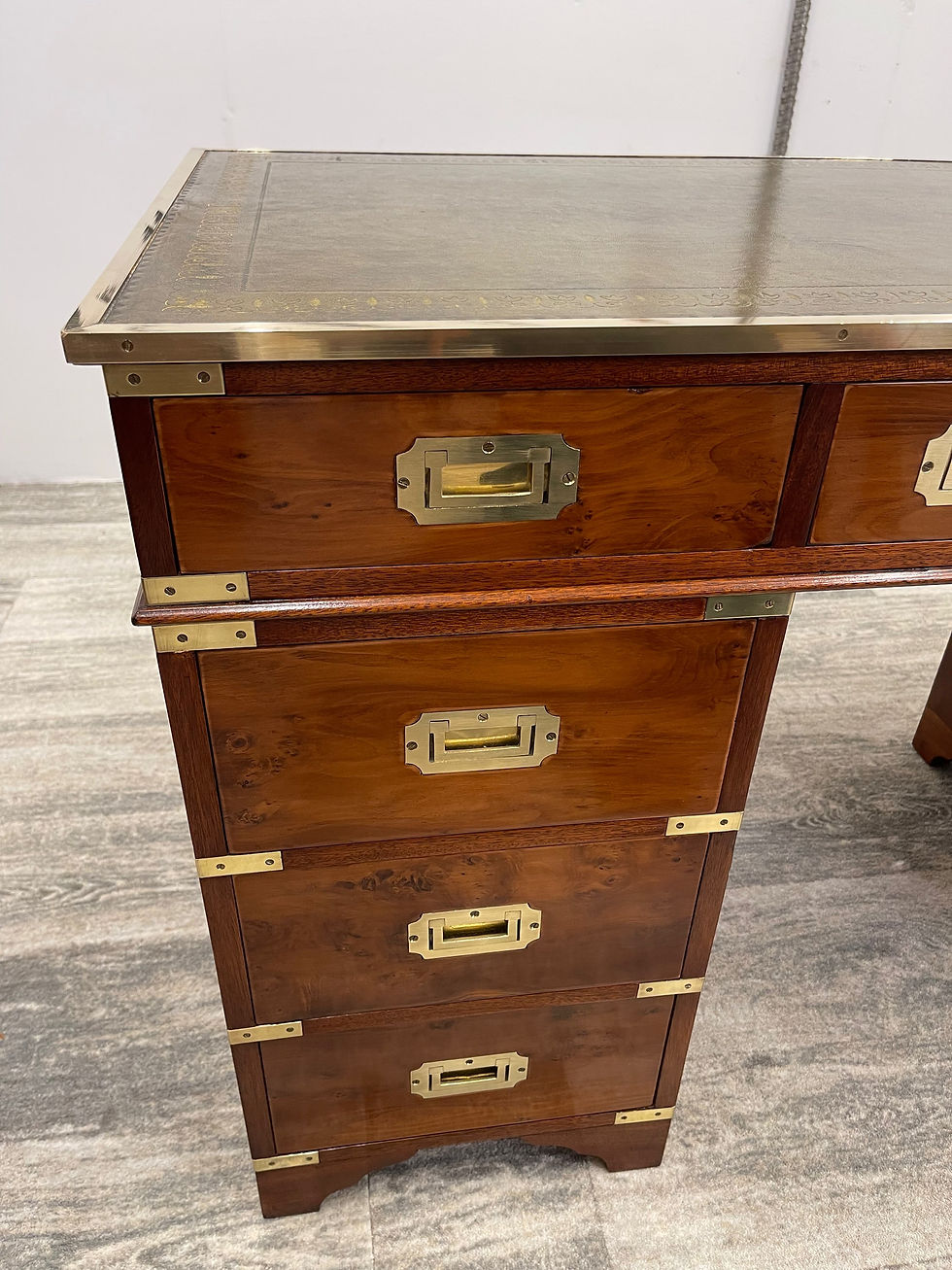 Thumbnail: Honey Yew Wood & Brassware Leather Top Pedestal Desk