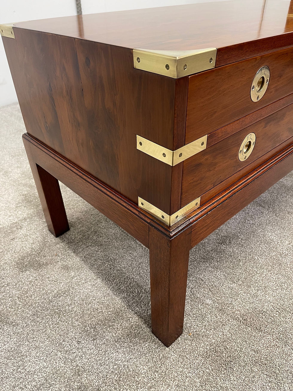 Thumbnail: Brassbound Figured Yew Wood Campaign Style Coffee Table 