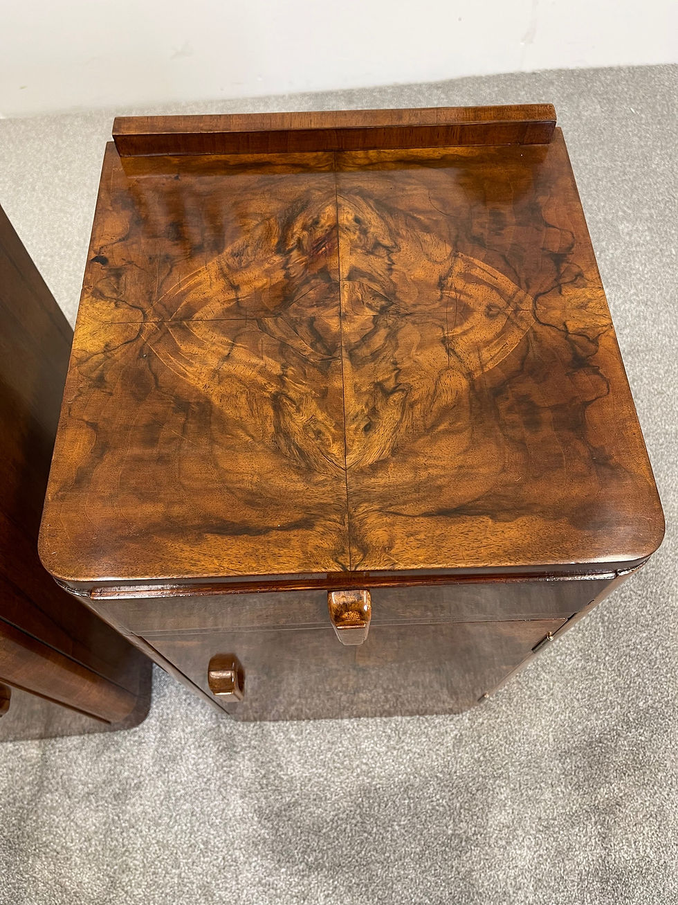 Thumbnail: Pair of Golden Burr Walnut Art Deco Bedside Cabinets 