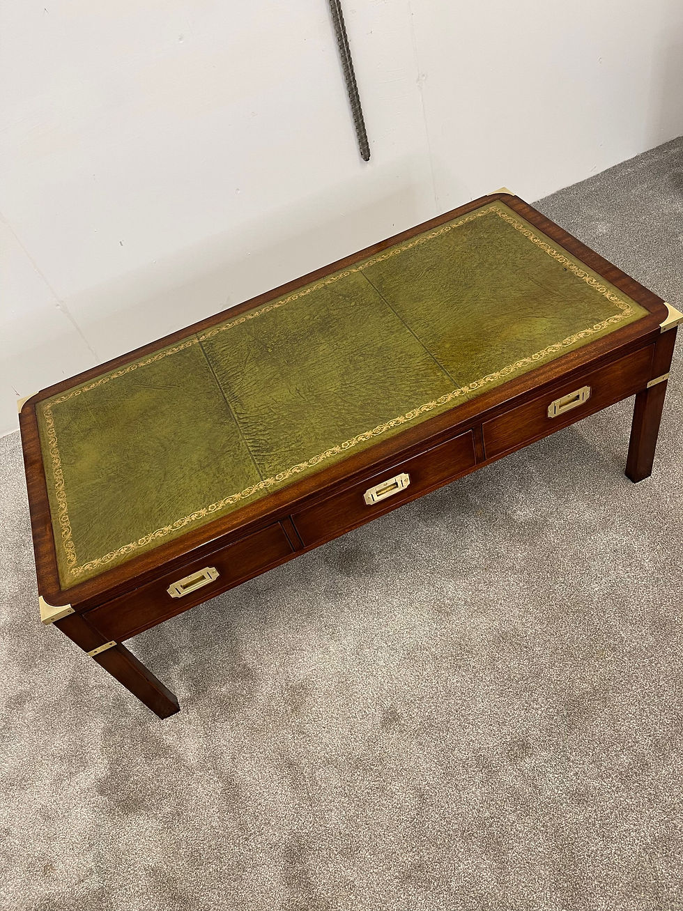 Thumbnail: Leather Top Mahogany Campaign Style Coffee Table 