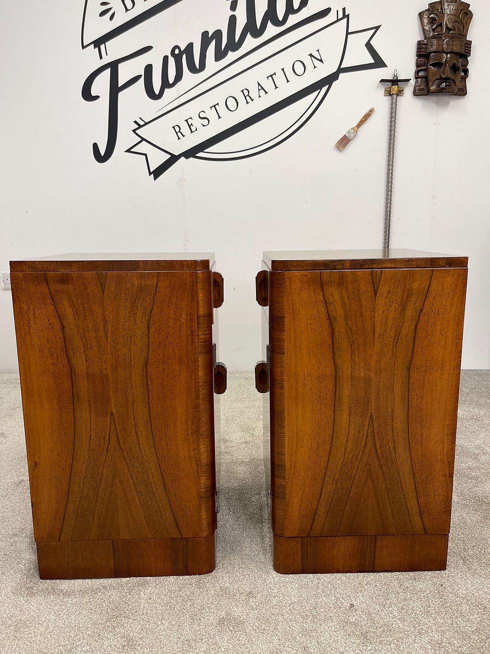 Thumbnail: Pair of Art Deco Golden Walnut Bedside Cabinets 