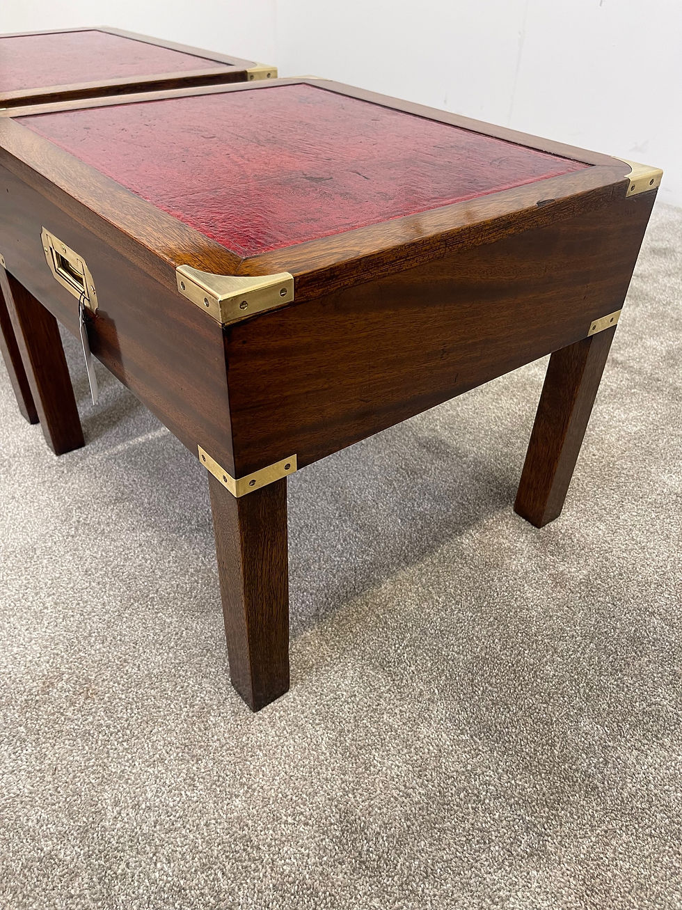 Thumbnail: Pair of Leather Top Brassbound Mahogany Campaign Style Side Tables 