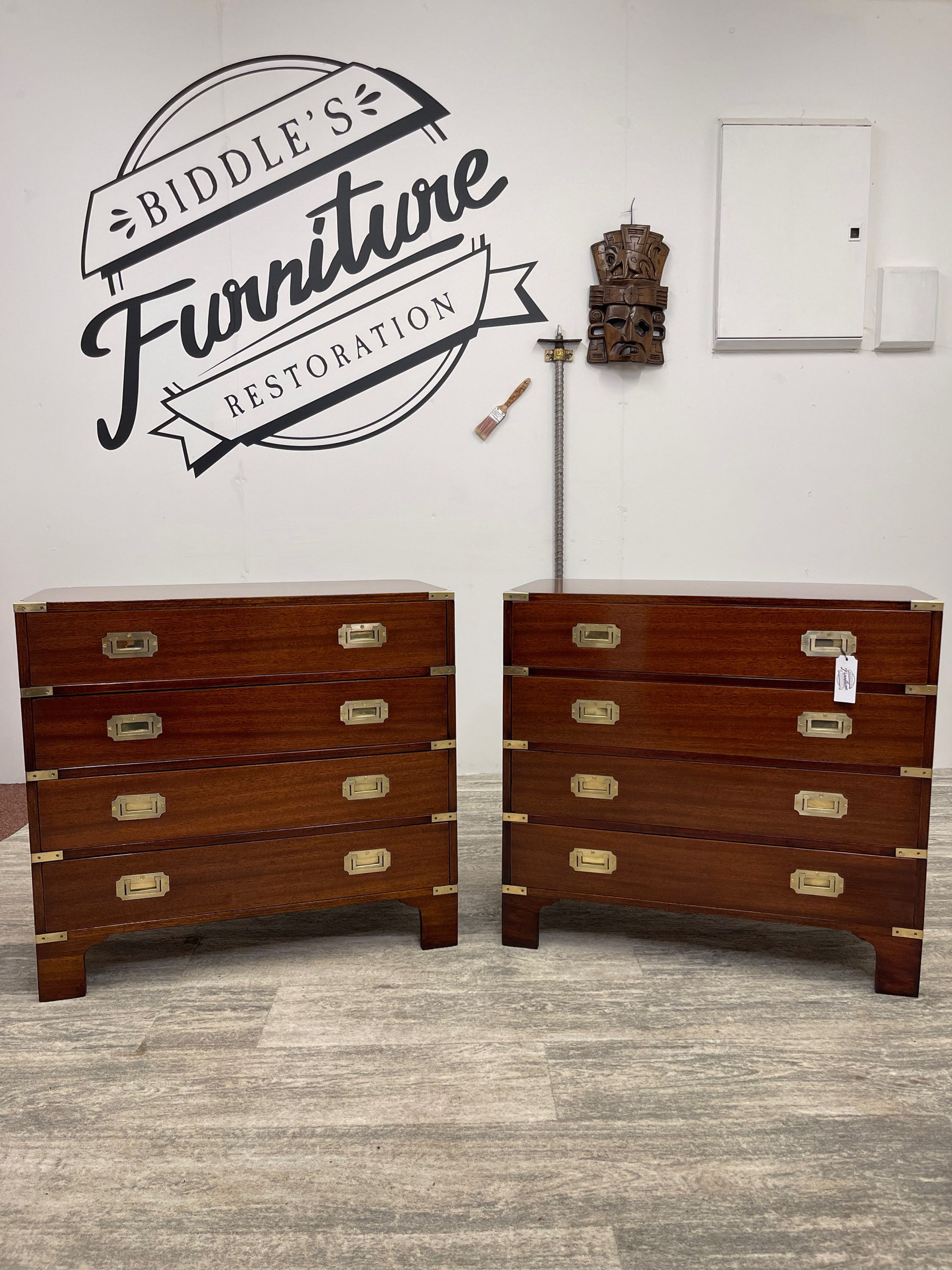 Pair of Mahogany & Brassware Campaign Style Chest of Drawers
