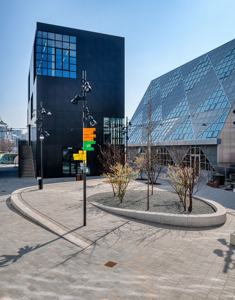 Glass and steel structure at London Design District, photographed by Sarel Jansen