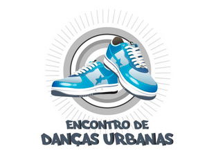Tênis esportivos azuis desenhados, posicionados cruzados na frente de um círculo estilizado. Logo abaixo, está escrito em letras maiúsculas: ENCONTRO DE DANÇAS URBANAS. O visual remete a eventos de dança de rua ou hip hop.