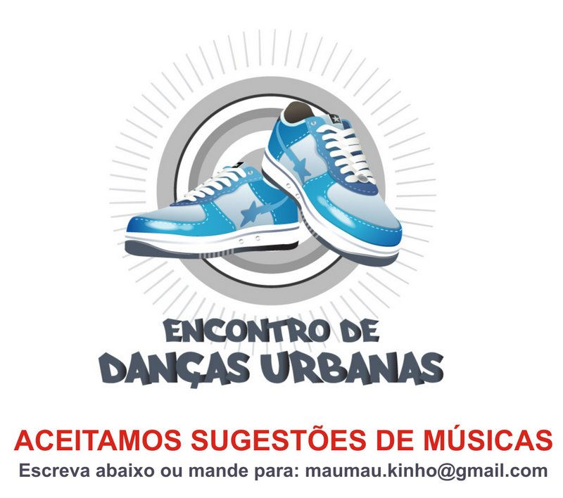 Tênis esportivos azuis desenhados, posicionados cruzados na frente de um círculo estilizado. Logo abaixo, está escrito em letras maiúsculas: ENCONTRO DE DANÇAS URBANAS. O visual remete a eventos de dança de rua ou hip hop.