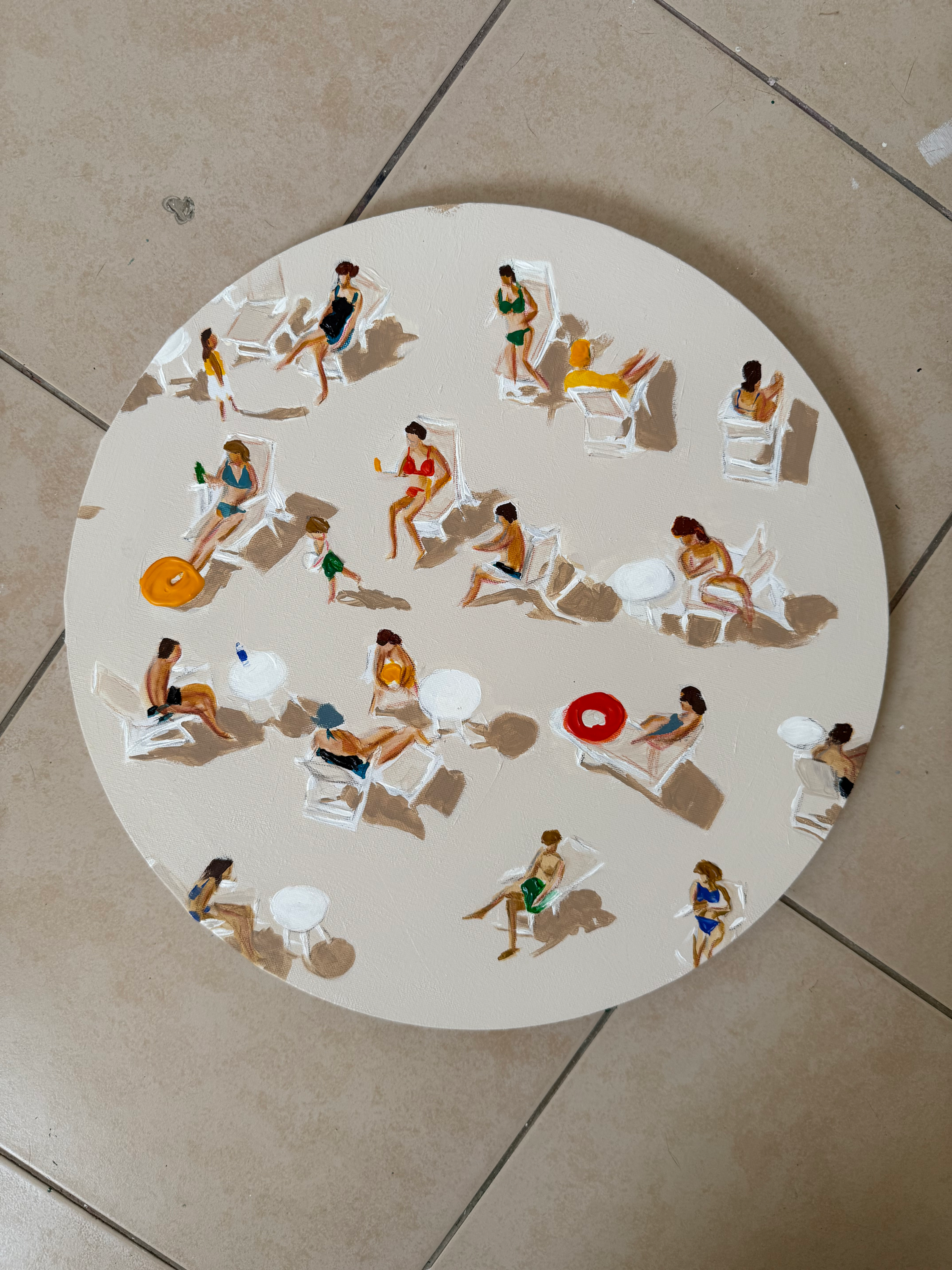 Round original painting PPL on the beach 40cm