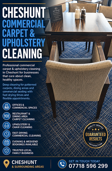 Commercial carpet and upholstery cleaning in Cheshunt restaurant dining area with patterned blue carpet and upholstered chairs