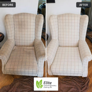 Before and after armchair upholstery cleaning in Cambridge showing professional cleaning results by Elite Carpet & Upholstery Cleaning Ltd.