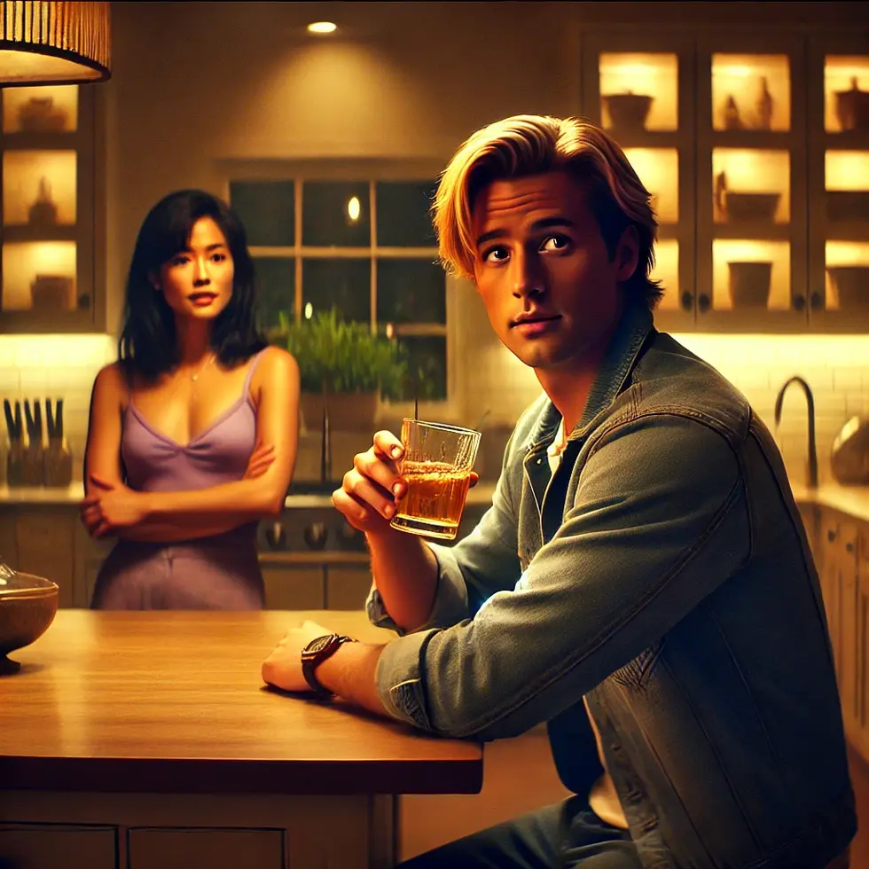 DALL·E 2024-10-27 15.36.34 - A cinematic shot of a 90s_early 2000s-style romantic comedy movie titled 'Somebody to Love.' The scene takes place in a stylish, modern kitchen with w