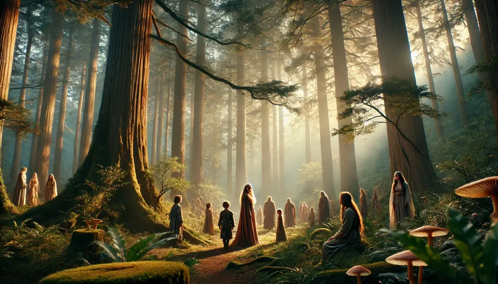 DALL·E 2024-10-26 21.37.21 - A cinematic, enchanting shot of a serene forest with families
