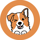 HUNDHOCH2-Icon mit lächelndem und blinzelndem Hundekopf in orangefarbenem Kreis.