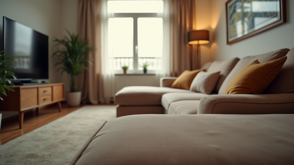 Eye-level view of a cozy living room with a soft couch and a TV