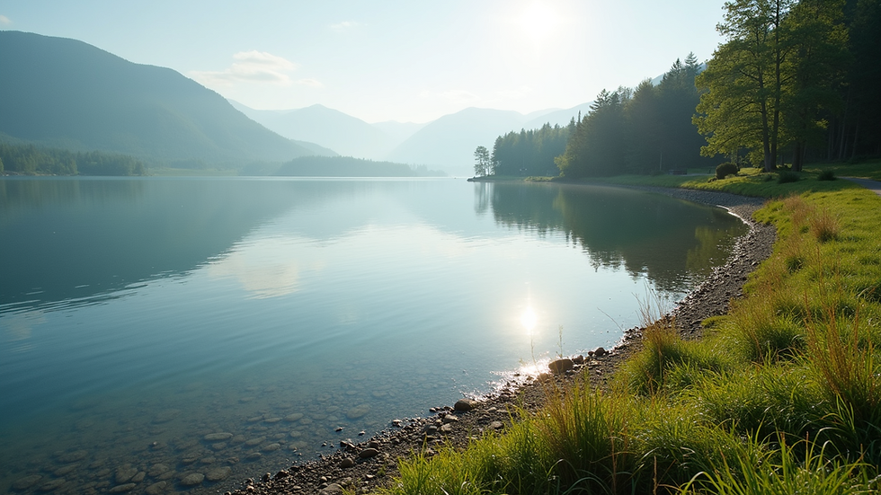 High angle view of a serene lakeshore, establishing tranquility in nature