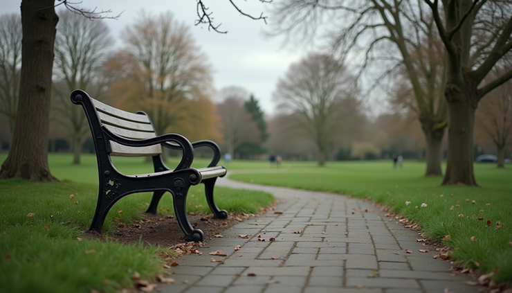 Eye-level view of a quiet, empty park bench on a cloudy day