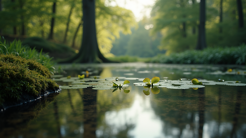 Close-up view of a tranquil pond surrounded by trees