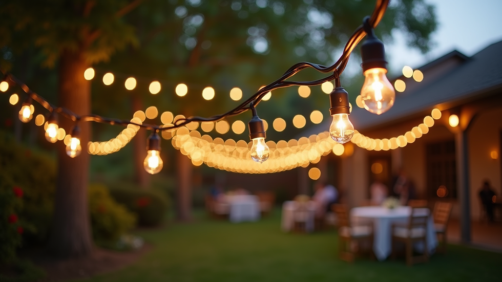 Eye-level view of string lights hanging over an outdoor garden party