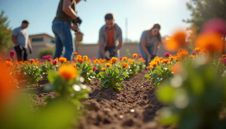 Eye-level view of a community garden in North Las Vegas with volunteers planting flowers