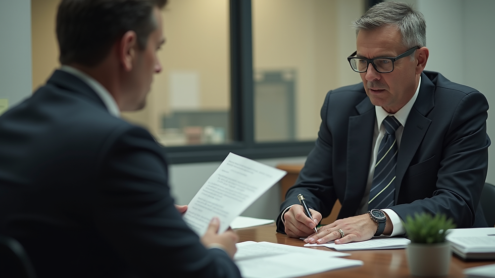 Close-up view of a parole officer reviewing documents with a parolee in an office setting