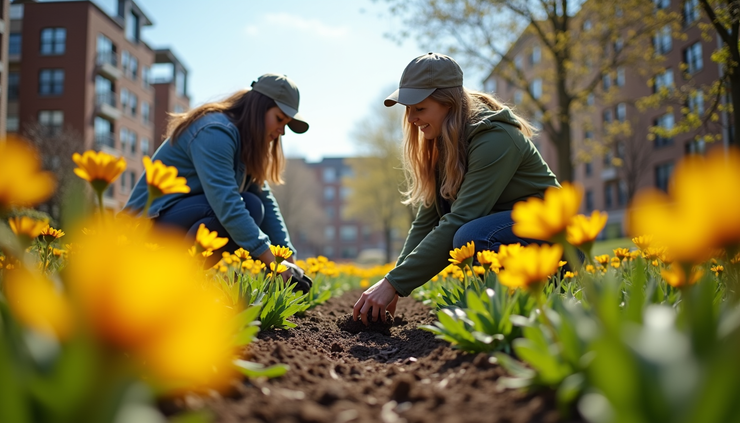 Eye-level view of a community garden with volunteers planting flowers