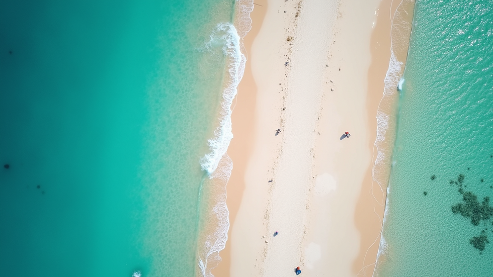 Aerial view of a pristine beach with turquoise waters and white sand
