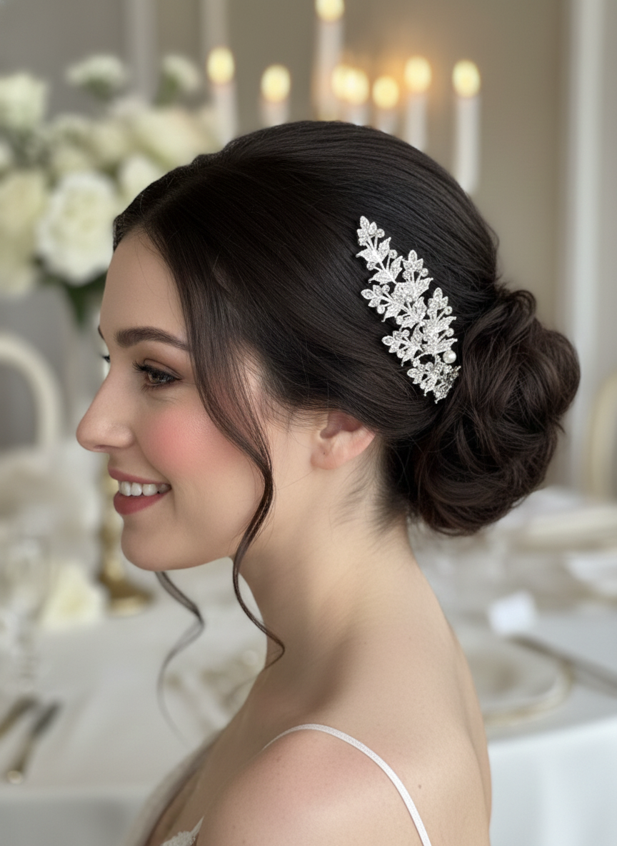 Kristal & İncili Yaprak Formlu Gelin Saç Tarağı