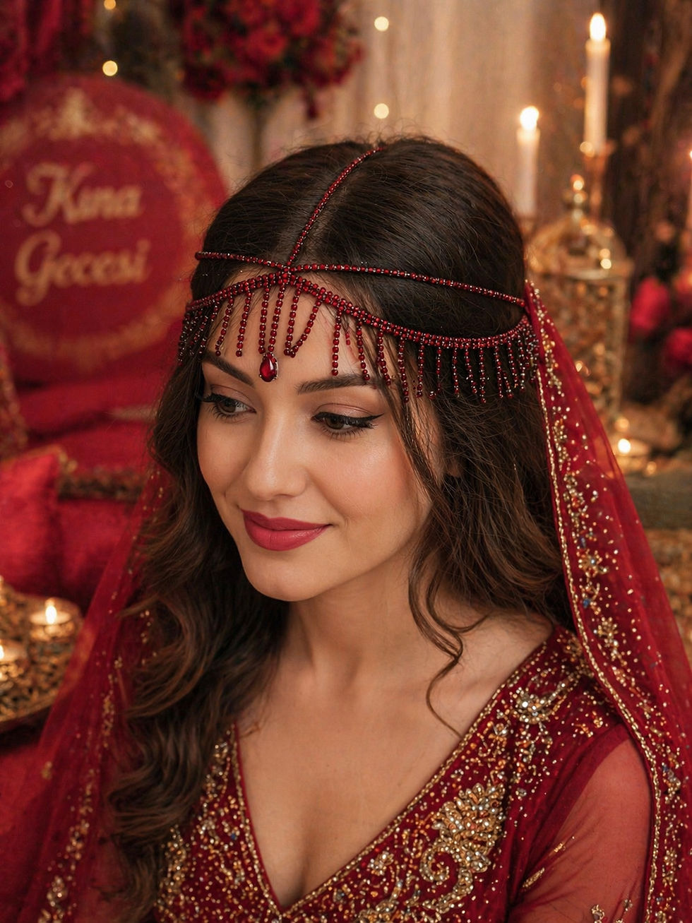 Ruby Fringe Kristal Taşlı Kına Tacı