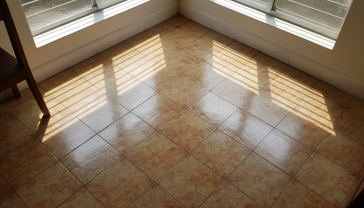 Top-down view of a freshly mopped floor near a bright window