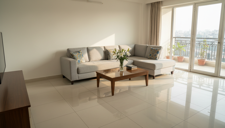 Wide-angle view of a clean living room in a Lucknow apartment
