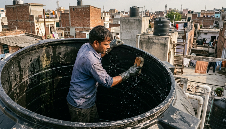 Eye-level view of a worker scrubbing the inner wall of a rooftop water tank
