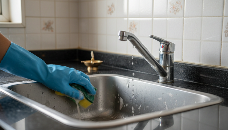 Close-up view of a kitchen tap and sink being scrubbed