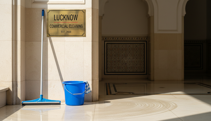 Eye-level view of a clean tiled entrance with a floor squeegee nearby
