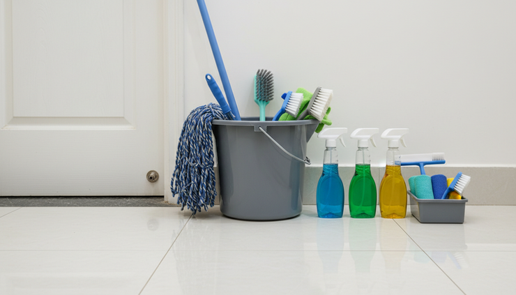 Eye-level view of cleaning tools arranged beside a bathroom doorway