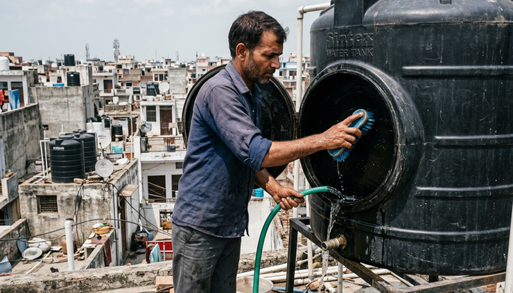 Eye-level view of a worker cleaning an overhead water tank on a rooftop